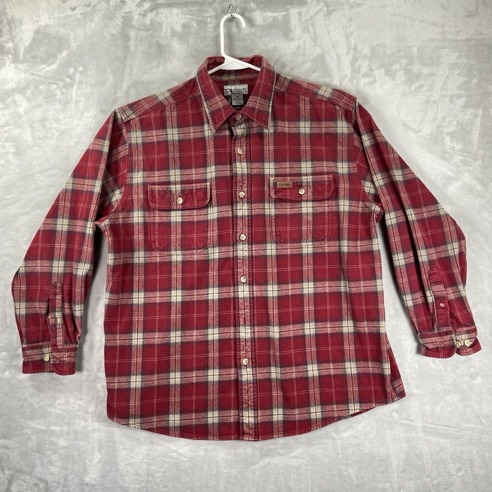 Carhartt Shirt mens XL Button Up Heavyweight Flannel Work Flap Pockets Red Plaid